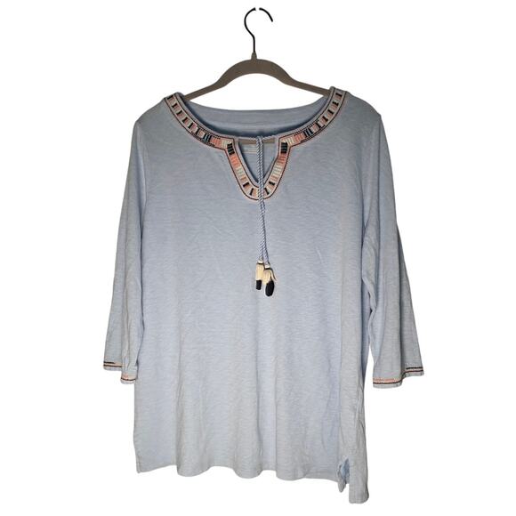 Talbots Blue Embroidered Keyhole Neckline Ties Knit Large Petite Lagenlook Flowy - Picture 1 of 8